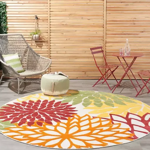 Red Floral Burst Outdoor Round Area Rug, 7 ft.