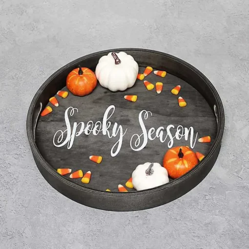 Round Spooky Season Black Wood Tray