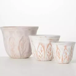 Rustic White Leaf Clay Planters, Set of 3