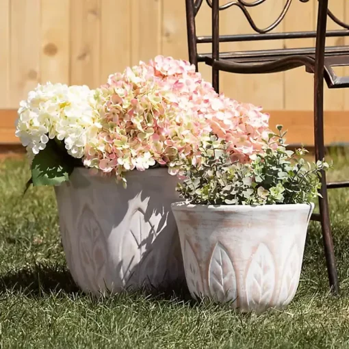 Rustic White Leaf Clay Planters, Set of 3