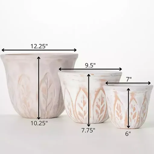 Rustic White Leaf Clay Planters, Set of 3