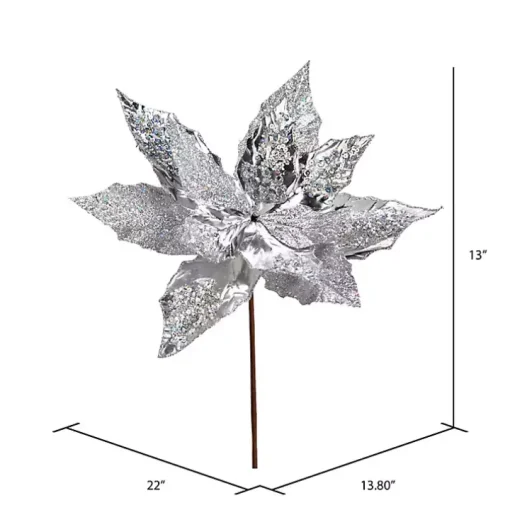 Silver Sequin Poinsettia Tree Stems, Set of 6