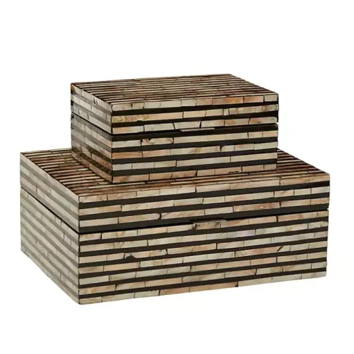Striped Mother of Pearl Shell Wood Boxes, Set of 2
