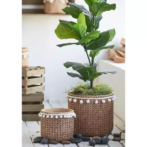 Tall Woven Cement Baskets with Pom Poms, Set of 2