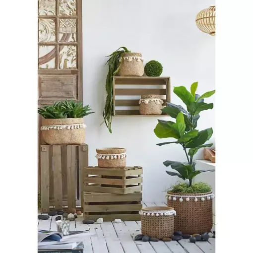 Tall Woven Cement Baskets with Pom Poms, Set of 2