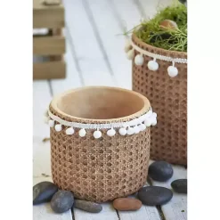 Tall Woven Cement Baskets with Pom Poms, Set of 2