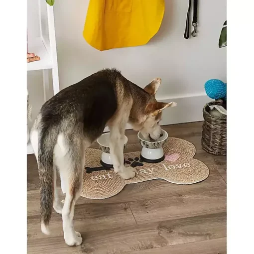 Tan Eat Play Love Bone-Shaped Pet Bowl Mat