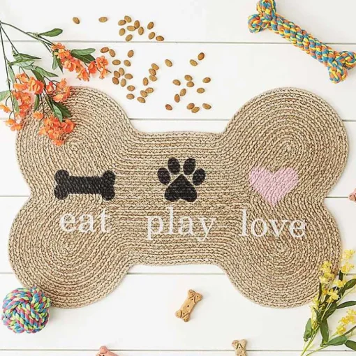 Tan Eat Play Love Bone-Shaped Pet Bowl Mat