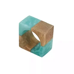 Teal Wood and Resin Square Napkin Rings, Set of 4
