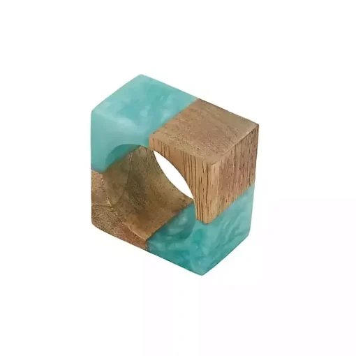 Teal Wood and Resin Square Napkin Rings, Set of 4