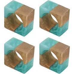 Teal Wood and Resin Square Napkin Rings, Set of 4