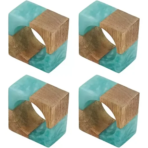Teal Wood and Resin Square Napkin Rings, Set of 4