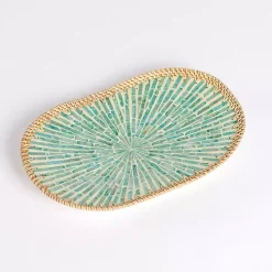 Turquoise Capiz Rattan Decorative Tray