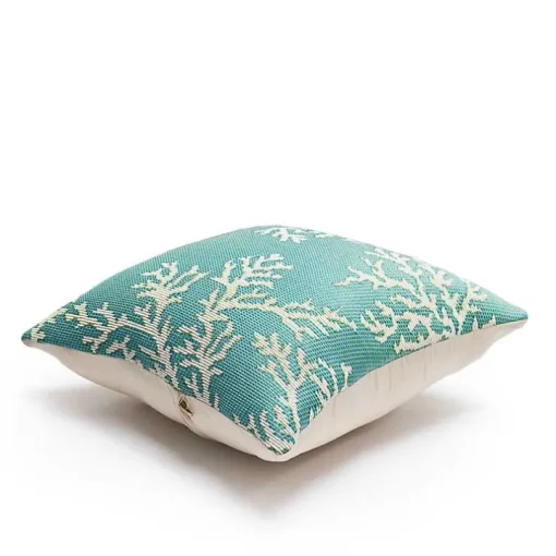 Turquoise Coral Woven Outdoor Throw Pillow