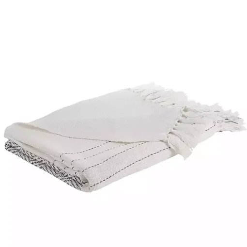 White and Gray Striped and Fringe Throw Blanket