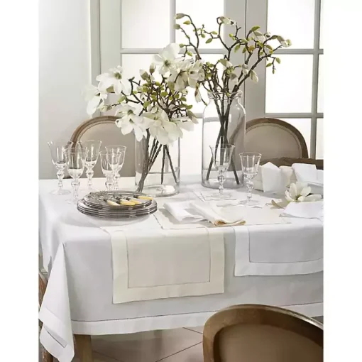 White Hemstitched Linen Oblong Runner