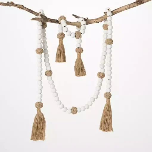 White Wood and Jute Beaded Garlands, Set of 2