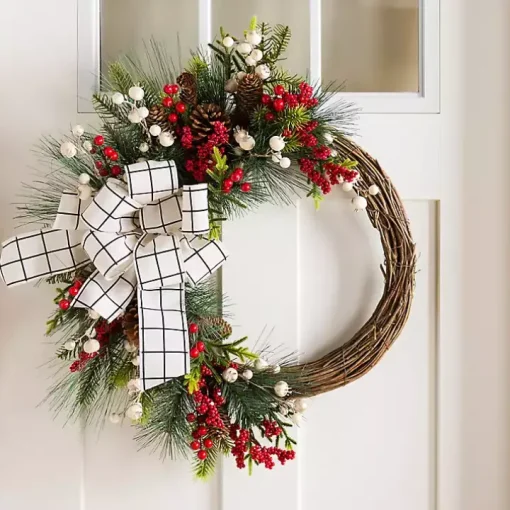 Windowpane Plaid Berry Bow Wreath